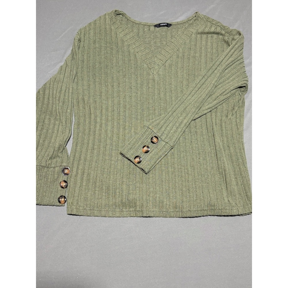 Dorothy Perkins Womens Olive Green Ribbed V-Neck Top Button Cuff Long Sleeve XL